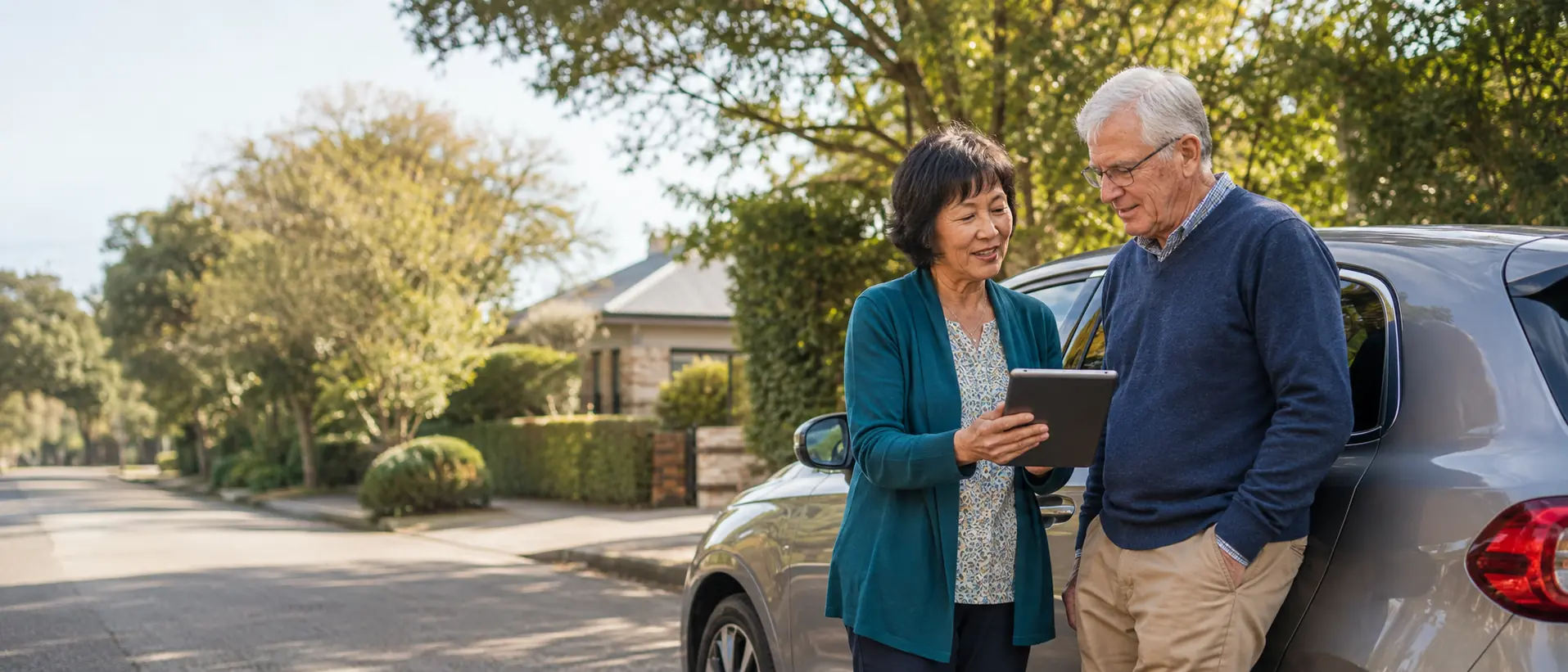 Two older South Australians using a tablet beside a parked car.
